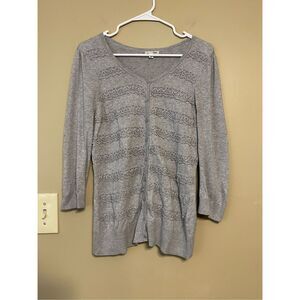 Halogen Womens Grey Silver Beaded Cotton Button up Cardigan Large